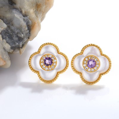 Four Leaf Clover Design S925 Sterling Silver Earrings Inlaid With Natural Diopside Amethyst and Other Colorful Gemstones